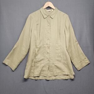 Soft Surroundings Womens PL Linen Shirt Petite Large Green Button Front Blouse